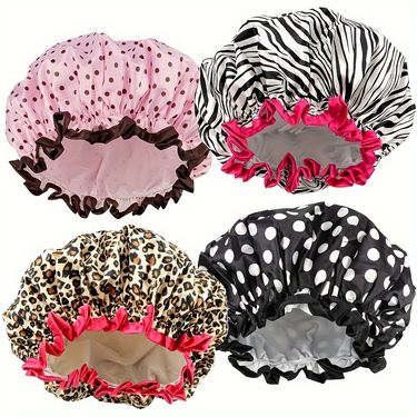 Peva Women's Double Layer Satin Shower Waterproof Thickened European And American Printed Bathroom Cap Daily_voghion.com