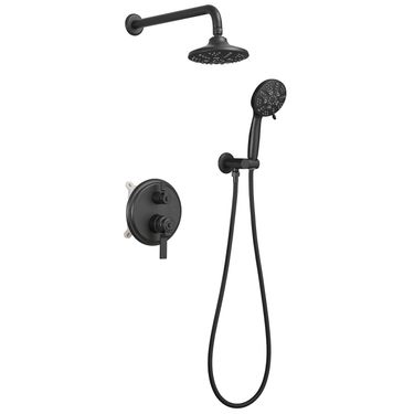 Single-Handle 1-Spray Round Rain Shower Faucet Combo Set With Dual Function Pressure Balance Valve In Matte Black_voghion.com