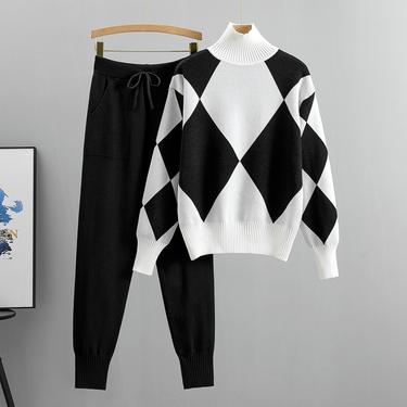 Women's autumn and winter new casual knitted plaid sweater two-piece set _viptrois.com