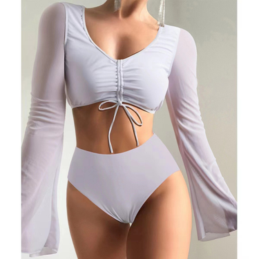 new split solid color high waist conservative stitching patchwork swimsuit swimsuit _voghion.com