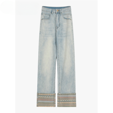 Korean Fashion Blue Straight Jean Pants for Women High Waist Patchwork Vintage Printing Baggy Casual Pants Trendy All-match_voghion.com