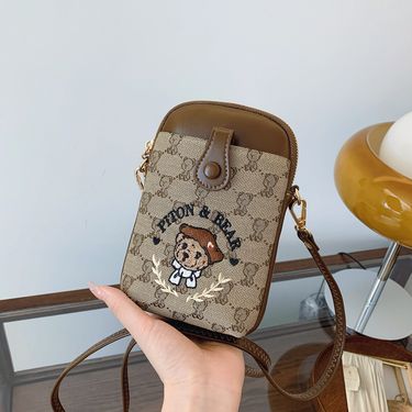 Luggage & Bags genuine fart squat bear cartoon bear embroidery canvas with PU original design jacquard mini mobile phone bag for women_voghion.com
