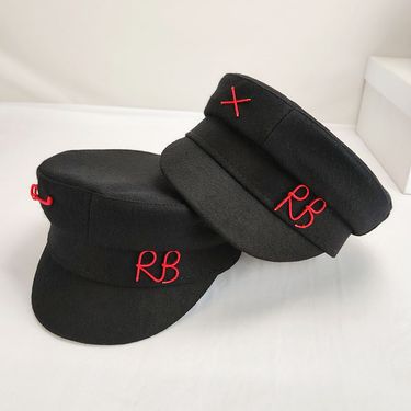 Autumn Winter New Fashion RB English Embroidery Navy Hat Outdoor Warm Woolen Peaked Newsboy Cap Women_voghion.com