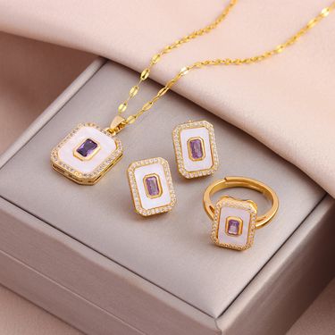 Light luxury retro classic purple zircon inlaid square pendant necklace stud earrings women's suit_voghion.com