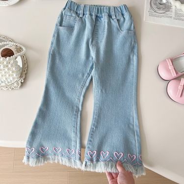 Mother & Kids 2025 Spring New Little Girl Light Blue Denim Flared Pants Baby Girl Elastic Embroidery Micro Flared Soft Jeans_voghion.com
