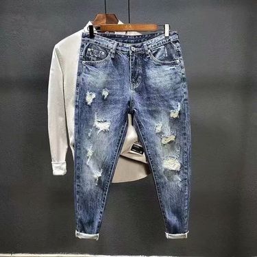 Men's Clothing 2024 New Ripped Jeans Men's Slim Fit Skinny Nine-Point Trendy Brand Spring New Light Color Korean Style Trendy Casual Men's Pants_mkmklike.com