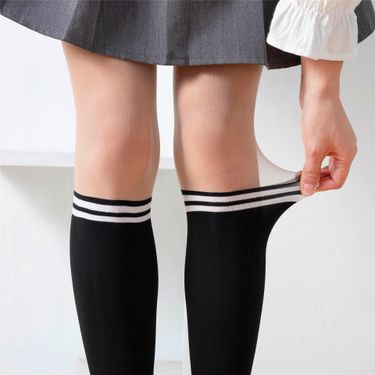 Japanese Striped Cuff Socks Women's Spring and Autumn Flesh Stitching Silk Stockings Pantyhose Velvet jk Long Knee Socks_voghion.com