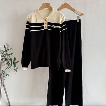 Striped Sweater Spring Autumn 2025 New Loose Fashion Casual Wide-leg Pants Knitted Two-piece Set_voghion.com