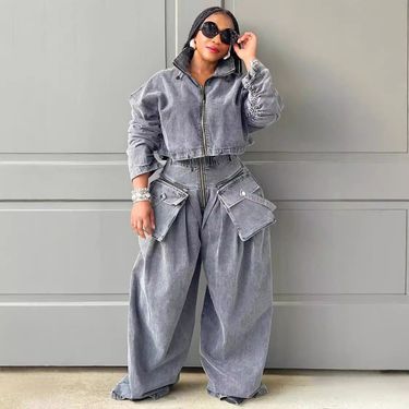Fashion Retro Wide Leg Wide Heavy Denim Two Piece Suit Women's Clothing_voghion.com