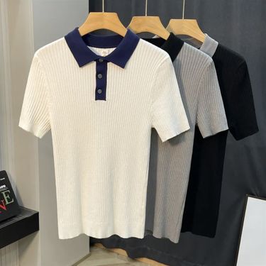 Men's Clothing Light luxury color matching slim breathable knit sweater men's polo shirt short sleeve summer casual all match half sleeved T shirt_mkmklike.com