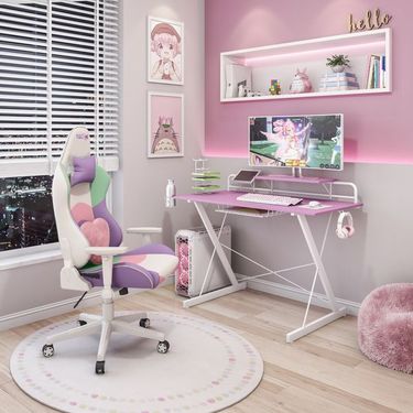 Techni Sport TS-200 Carbon Computer Gaming Desk With Shelving, Pink_voghion.com
