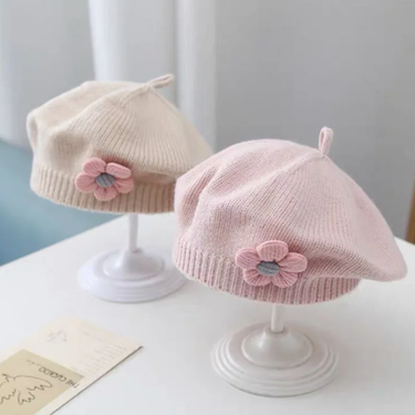 Hot Sale Flower Baby Beret Hat Winter Warm Knitted Beanie Cap for Infant Girls Korean Toddler Princess Artist Solid Color Painter_mkmklike.com