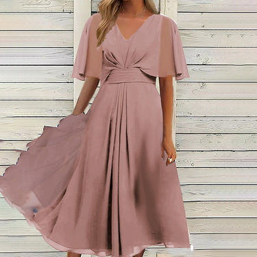 Women's fashion solid color v-neck waist casual casual dress_voghion.com