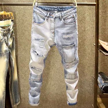 Teenage Clothing ripped jeans slim fit stretch skinny pants light color multi-pocket high-end trendy brand stitching beggar pants_voghion.com