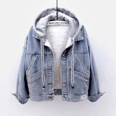 Women's Clothing Denim plus velvet jacket hooded warm lambskin cotton jacket thick short cotton coat_voghion.com