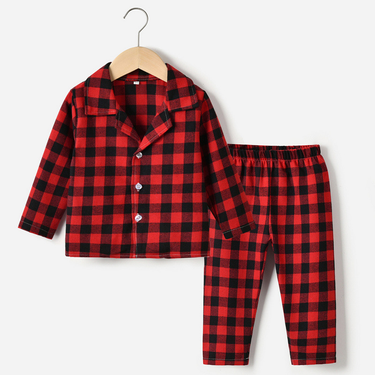 Autumn winter home clothing children's clothing, spring and autumn lapel single breasted plaid long sleeved pajama set_voghion.com