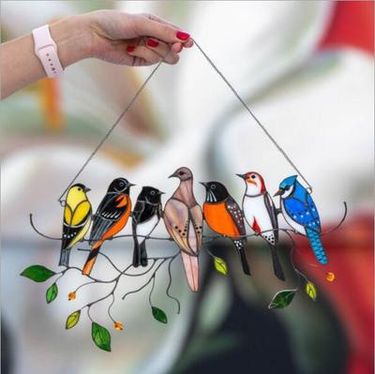 Multicolor Birds spring bird painted glass window ornaments art hanging chain cross-border ornaments_voghion.com