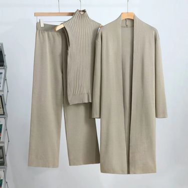 Elegant Knit Lounge Set - Sleeveless Vest, Cardigan & Pants (3-Piece Outfit, Solid Colors, Versatile Sizing)_voghion.com