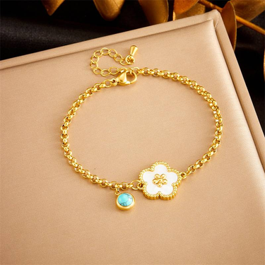 Fashion niche style Retro gold-plated stainless steel blue turquoise shell five-petal flower accessory chain bracelet_viptrois.com