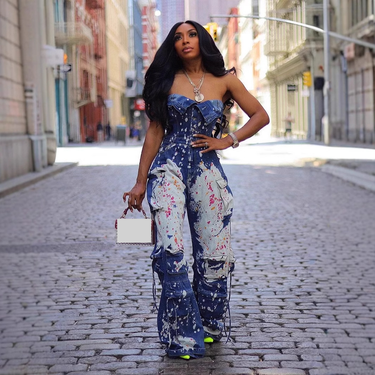 Women's Clothing tight waist elastic strapless workwear ink splashed denim jumpsuit jumpsuit flared pants_voghion.com