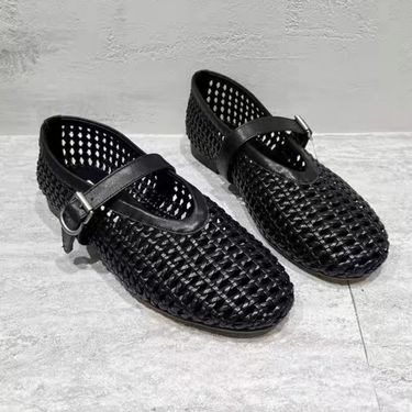 Hollow Mesh Breathable Woven Straight Strap Sandals For Women, High-end Round Toe Ballet Flat Mary Jane Shoes_voghion.com
