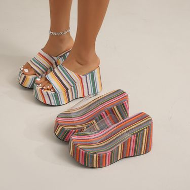 Women’s Shoes Large Size Thick Bottom Wedge Heel Flip Flops Women's Colorful Striped Wedge Heel Cloth Beach Sandals Slippers_voghion.com
