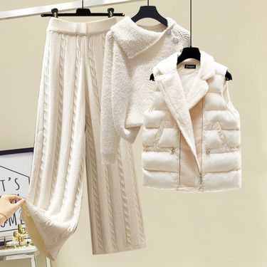 Women's Clothing Autumn and winter three piece suit designer sweater, thickened slim vest coat, high waist, cable pattern, wide leg casual pants_voghion.com