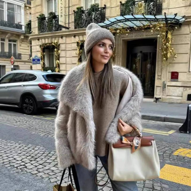 Trendy Faux Fox Fur Coat – Oversized Lapel Short Jacket For Women (S-XXL, Khaki Ombre)_voghion.com