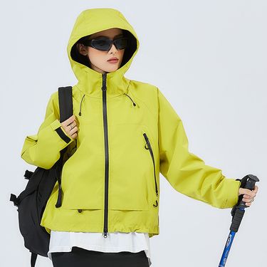 Outdoor Single Layer Hard Shell Down Women's Fashion Water-Resistant Short Solid Color Windproof Hooded Hiking Jacket_voghion.com