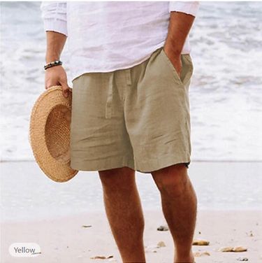 Men's Clothing Summer new cotton and linen shorts drawstring elastic waist straight leg solid color breathable daily beach five-point casual shorts_voghion.com