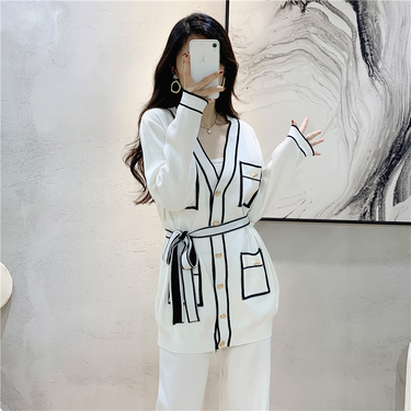 autumn and winter knitted cardigan wide-leg pants suit female autumn temperament fashion two-piece set_voghion.com
