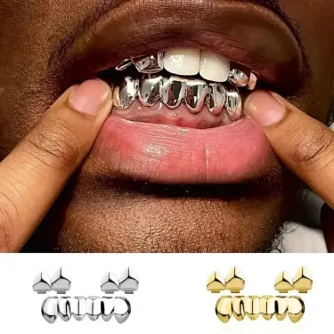 3CPSSet Of Gold Silver Plated Hip Hop Teeth For Mouth Grizz Hat Top And Bottom Grill Set Halloween Party 241210_voghion.com