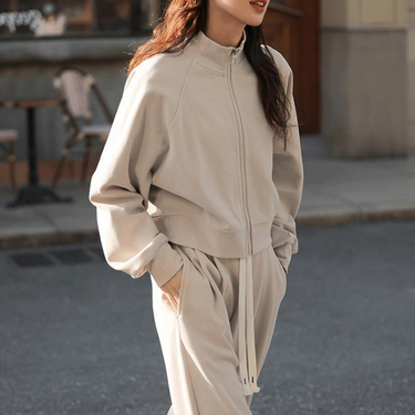 Audday Casual Lazy Style Petite Two-Piece Set Thin Zip-Up Sweatshirt Jacket Fashionable Long Pants Suit For Women_voghion.com