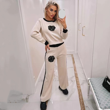 Women's Clothing camellia casual suit women's fashionable style knitted wide leg pants woolen two piece set_voghion.com