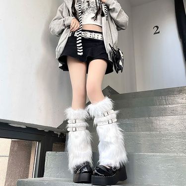Y2g calf ring furry socks fur QQ Show Girl pink leather buckle warm leg cover mid-calf jk spicy pile socks_voghion.com