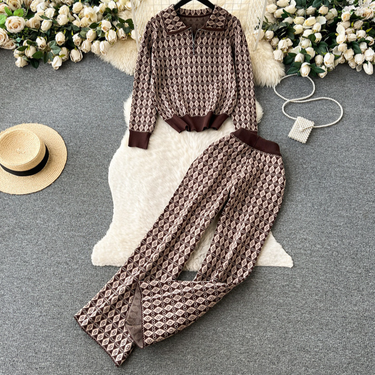 Women's Clothing Fashion suits casual lapel knitted sweater wide leg pants knitted two piece suit_voghion.com