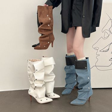 Reversible Pointed-Toe Plush Boots Fall/Winter 2025 New Slim-Heeled Long Boots Stylish And Versatile_voghion.com