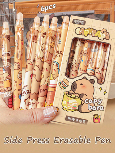6Pcs Cute Capybara Erasable Neutral Pen, Creative Student Drawing Stationery, Office/School Supplies, Birthday, Holiday, Party Gifts, Cute Stationery_voghion.com