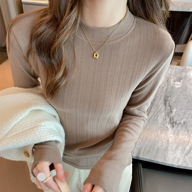 Women's Clothing Autumn And Winter Brushed Coconut Velvet Straight Shoulder Inner Bottoming Shirt Women's German Velvet Wear High End Top T Shirt_voghion.com