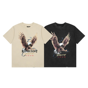 Summer Represent Eagle Print Small Collar, Washed Cotton, Old Short Sleeve T-shirt, Loose for Men and Women_voghion.com