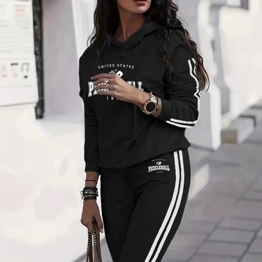 Women's Clothing Hooded Striped Patchwork Long Sleeved Women's Fashion Sports Two Piece Suit 0501 Printing_voghion.com