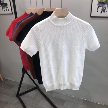 Men's Clothing High end new spring and summer knitted short sleeved half high collar T shirt men's slim inner top men's sweater bottoming shirt_voghion.com