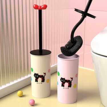 Cartoon Toilet Brush Set With Holder – Soft Bendable Bristles For Deep Cleaning, Non-Scratch Plastic Head (Cute Cat Design, Compact Base)_voghion.com
