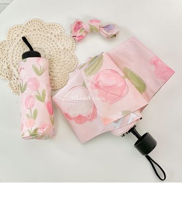 8 bone parasol pink tulip ladies sun umbrella black glue sunscreen three fold folding umbrella sunny and rainy_voghion.com