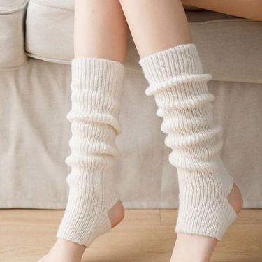 White JK Women Autumn Winter Leg Warmers Thickened Calf Knitted Long Tube Warm Pile Socks_voghion.com