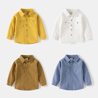 Children's Long Sleeve Shirt Boys Double Pocket Shirt Baby Long Sleeve Square Collar Small Shirt_voghion.com