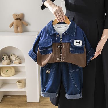 Kid's Clothing New spring and autumn boys' lapel color matching jacket with letter printing bottom shirt and denim trousers three piece set _voghion.com