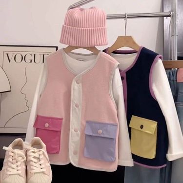 Kids' Color-Block Fleece Vest For Boys & Girls – Lightweight Warm Puffer Sleeveless Jacket (Pink/Navy) – 90‑160cm Height_voghion.com