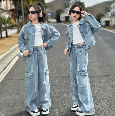 Girls Denim Suit Spring 2025 New Retro Loose Jeans Spring And Autumn Blue Ripped Denim Suit Trendy_voghion.com