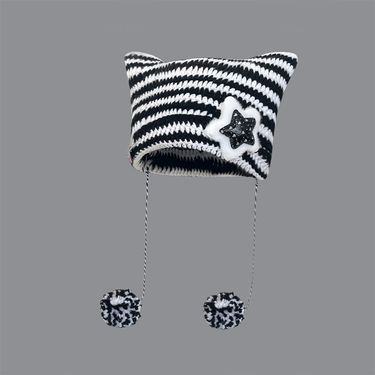 Abi style handmade cute five-star cat ear stripes demon warmth cover knitted ball sweater hat female_voghion.com